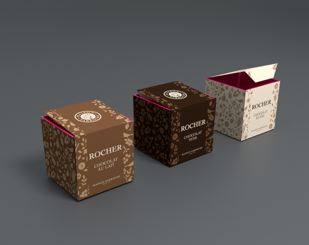 Packaging rocher chocolat Maison Sarroche, motif floral